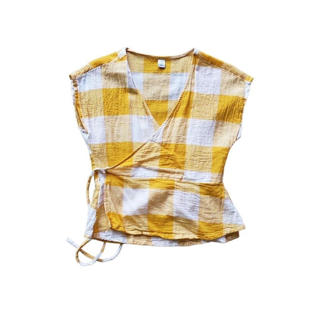 Old Navy Yellow & White Plaid Short Sleeve Wrap Blouse Top